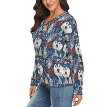 Load image into Gallery viewer, Enchanted Forest Husky Women's V-Neck Christmas Sweater-Apparel-Apparel,Christmas,Dog Mom Gifts,Siberian Husky,Sweater,Sweatshirt-2