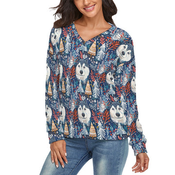 Enchanted Forest Husky Womens V Neck Christmas Sweater 4 360x