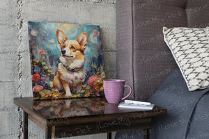 Enchanted Garden Stroll Corgi Framed Wall Art Poster-Art-Corgi, Dog Art, Home Decor, Poster-Framed Light Canvas-Small - 8x8"-1