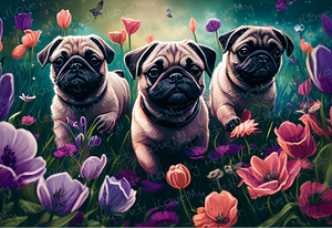 Enchanted Pugs in Floral Paradise Wall Art Poster-Art-Dog Art, Home Decor, Poster, Pug-Light Canvas-Tiny - 8x10"-1