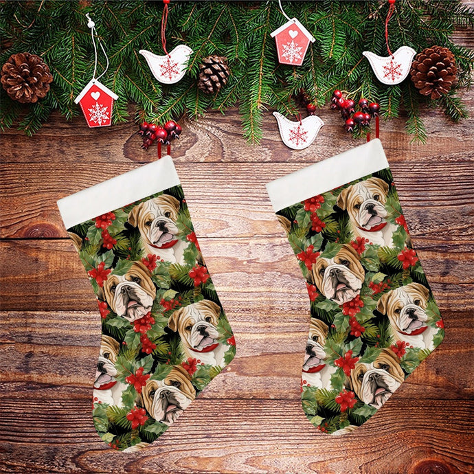 English Bulldog Berry Christmas Garland Blanket Christmas Stocking-Christmas Ornament-Christmas, English Bulldog, Home Decor-26X42CM-White-2