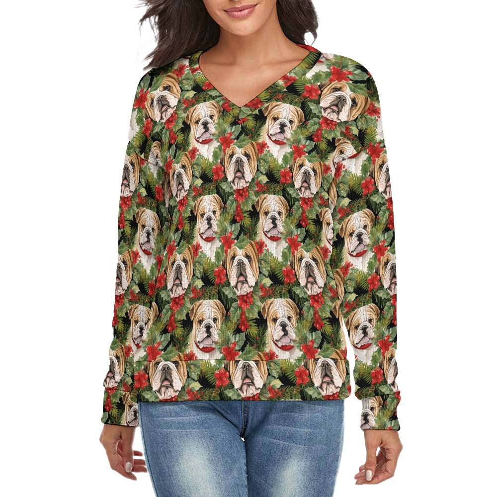 English Bulldog Berry Garland Women's V-Neck Christmas Sweater-Apparel-Apparel,Christmas,Dog Mom Gifts,English Bulldog,Sweater,Sweatshirt-S-2