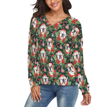 English Bulldog Santas Helper Womens V Neck Christmas Sweater 4 360x