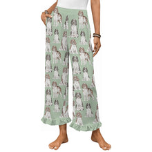 Load image into Gallery viewer, English Springer Spaniel Pajama Pants for Women - Ruffle Hem Design - Watercolor Celebration English Springer Spaniels-Pajamas-Apparel,Dog Mom Gifts,English Springer Spaniel,Pajamas-Green-S-22
