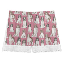 Load image into Gallery viewer, English Springer Spaniel Shorts for Women - Lace Trim Design - Watercolor Celebration English Springer Spaniels-Pajamas-Apparel,Dog Mom Gifts,English Springer Spaniel,Pajamas-10