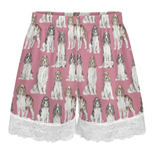 Load image into Gallery viewer, English Springer Spaniel Shorts for Women - Lace Trim Design - Watercolor Celebration English Springer Spaniels-Pajamas-Apparel,Dog Mom Gifts,English Springer Spaniel,Pajamas-11