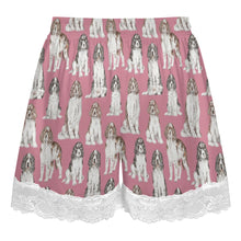 Load image into Gallery viewer, English Springer Spaniel Shorts for Women - Lace Trim Design - Watercolor Celebration English Springer Spaniels-Pajamas-Apparel,Dog Mom Gifts,English Springer Spaniel,Pajamas-12