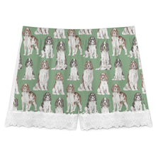 Load image into Gallery viewer, English Springer Spaniel Shorts for Women - Lace Trim Design - Watercolor Celebration English Springer Spaniels-Pajamas-Apparel,Dog Mom Gifts,English Springer Spaniel,Pajamas-15