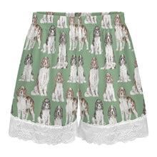 Load image into Gallery viewer, English Springer Spaniel Shorts for Women - Lace Trim Design - Watercolor Celebration English Springer Spaniels-Pajamas-Apparel,Dog Mom Gifts,English Springer Spaniel,Pajamas-16