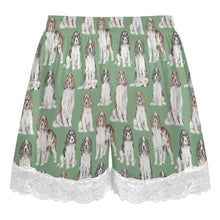 Load image into Gallery viewer, English Springer Spaniel Shorts for Women - Lace Trim Design - Watercolor Celebration English Springer Spaniels-Pajamas-Apparel,Dog Mom Gifts,English Springer Spaniel,Pajamas-17