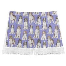 Load image into Gallery viewer, English Springer Spaniel Shorts for Women - Lace Trim Design - Watercolor Celebration English Springer Spaniels-Pajamas-Apparel,Dog Mom Gifts,English Springer Spaniel,Pajamas-20