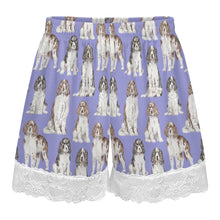 Load image into Gallery viewer, English Springer Spaniel Shorts for Women - Lace Trim Design - Watercolor Celebration English Springer Spaniels-Pajamas-Apparel,Dog Mom Gifts,English Springer Spaniel,Pajamas-21