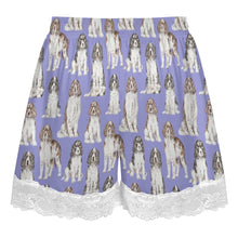 Load image into Gallery viewer, English Springer Spaniel Shorts for Women - Lace Trim Design - Watercolor Celebration English Springer Spaniels-Pajamas-Apparel,Dog Mom Gifts,English Springer Spaniel,Pajamas-22