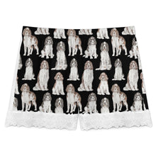 Load image into Gallery viewer, English Springer Spaniel Shorts for Women - Lace Trim Design - Watercolor Celebration English Springer Spaniels-Pajamas-Apparel,Dog Mom Gifts,English Springer Spaniel,Pajamas-3