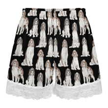 Load image into Gallery viewer, English Springer Spaniel Shorts for Women - Lace Trim Design - Watercolor Celebration English Springer Spaniels-Pajamas-Apparel,Dog Mom Gifts,English Springer Spaniel,Pajamas-4
