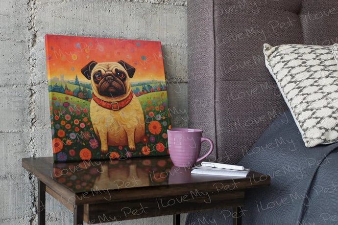 Eternal Optimist Pug Framed Wall Art Poster-Art-Dog Art, Home Decor, Pug-Framed Light Canvas-Small - 8x8