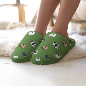Sleepy French Bulldog Love Women's Cotton Mop Slippers-Footwear-Accessories, French Bulldog, Slippers-Olive Green-5.5-6-3