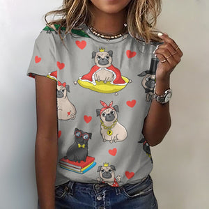 Fancy Dress Pugs All Over Print Women's Cotton T-Shirt - 4 Colors-Apparel-Apparel, Pug, Pug - Black, Shirt, T Shirt-2XS-DarkGray-3
