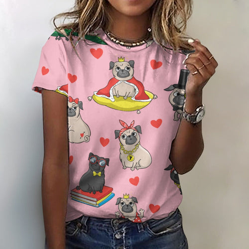 Fancy Dress Pugs All Over Print Women's Cotton T-Shirt - 4 Colors-Apparel-Apparel, Pug, Pug - Black, Shirt, T Shirt-2XS-Pink-17