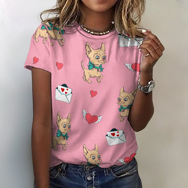Love Letter Fawn Chihuahuas All Over Print Women's Cotton T-Shirt - 4 Colors-Apparel-Apparel, Chihuahua, Shirt, T Shirt-Pink-2XS-2