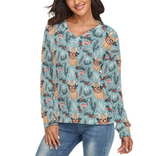 Load image into Gallery viewer, Fawn / Cream Festive French Bulldog Women&#39;s V-Neck Christmas Sweater-Apparel-Apparel,Christmas,Dog Mom Gifts,French Bulldog,Sweater,Sweatshirt-3