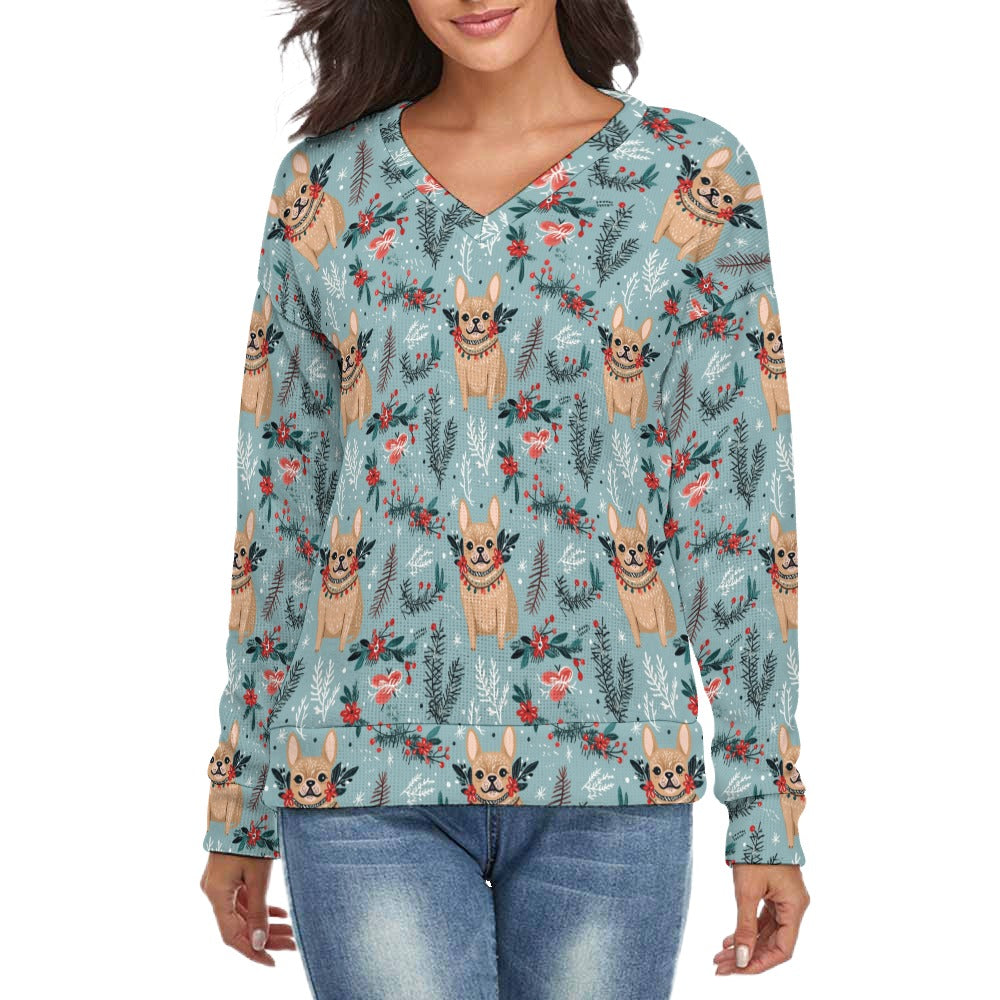 Fawn / Cream Festive French Bulldog Women's V-Neck Christmas Sweater-Apparel-Apparel,Christmas,Dog Mom Gifts,French Bulldog,Sweater,Sweatshirt-S-White9-1
