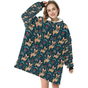 Fawn / Cream French Bulldog Festive Flair Christmas Blanket Hoodie-Blanket-Apparel, Blanket Hoodie, Blankets, Christmas, Dog Mom Gifts, French Bulldog-ONE SIZE-1