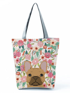 Image of a fawn frenchie tote bag in a most adorable fawn french bulldog in bloom design