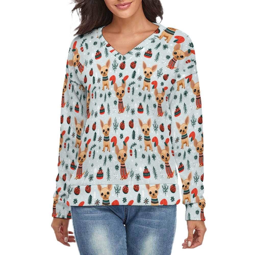 Fawn / Gold Chihuahua Yuletide Joy Women's V-Neck Christmas Sweater-Apparel-Apparel,Chihuahua,Christmas,Dog Mom Gifts,Sweater,Sweatshirt-S-2