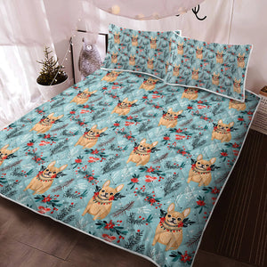 Fawn/Cream Festive French Bulldog Winter Flora Christmas Quilt Blanket Bedding Set-Bedding-Bedding, Blankets, Christmas, French Bulldog, Home Decor-3