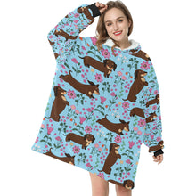 Load image into Gallery viewer, Flower Garden Dachshund Blanket Hoodie for Women - 4 Colors-Apparel-Apparel, Blankets, Dachshund-Sky Blue-3