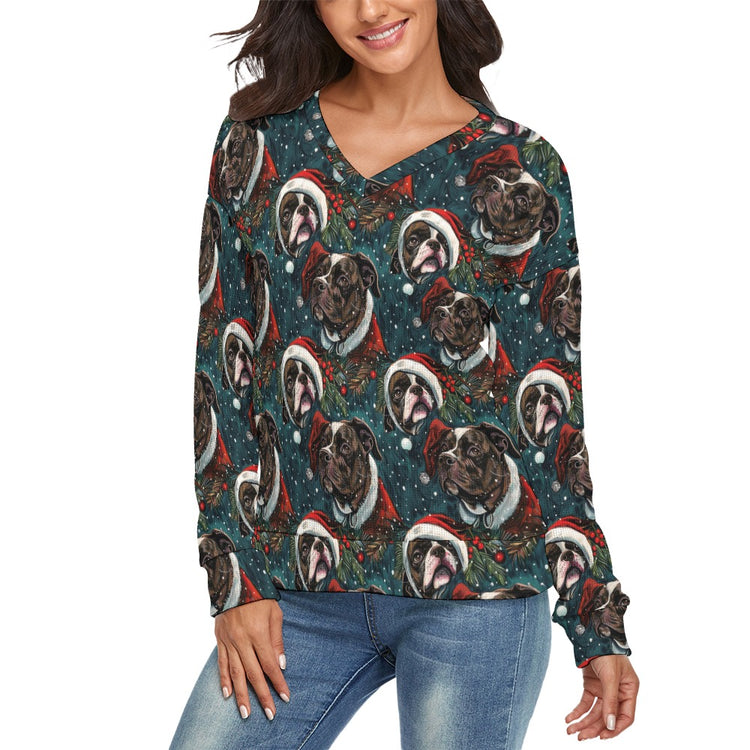Festive Black White Boxer Womens V Neck Christmas Sweater 3 750x