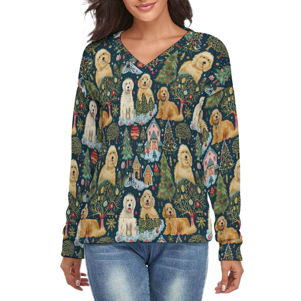 Festive Cheer Goldendoodles Women's V-Neck Christmas Sweater-Apparel-Apparel,Christmas,Dog Mom Gifts,Goldendoodle,Sweater,Sweatshirt-S-White7-1