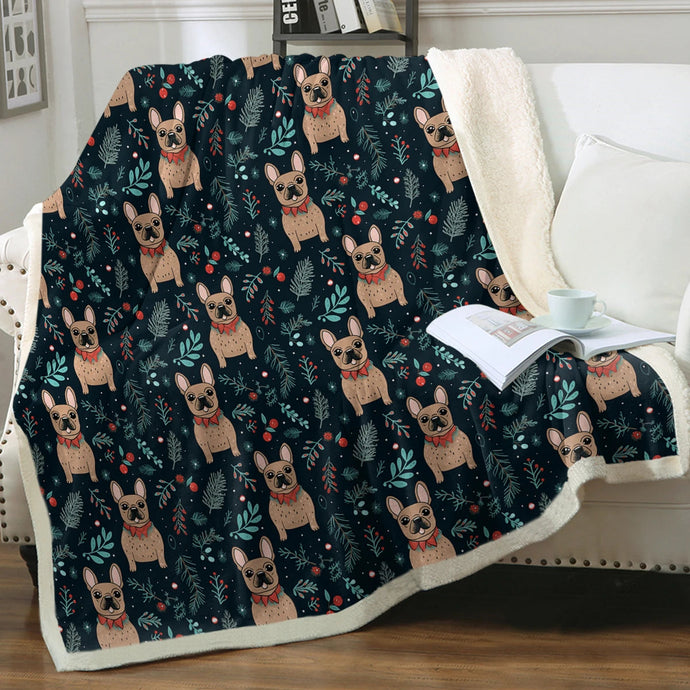 Festive Fawn French Bulldog Forest Christmas Blanket-Blanket-Blankets, Christmas, French Bulldog, Home Decor-Small-1