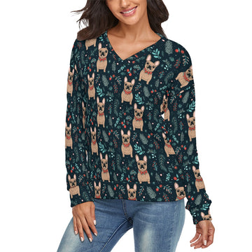 Festive Fawn French Bulldog Forest Womens V Neck Christmas Sweater 4 360x