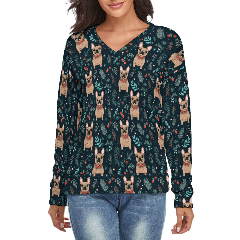 Festive Fawn French Bulldog Forest Women's V-Neck Christmas Sweater-Apparel-Apparel,Christmas,Dog Mom Gifts,French Bulldog,Sweater,Sweatshirt-S-2