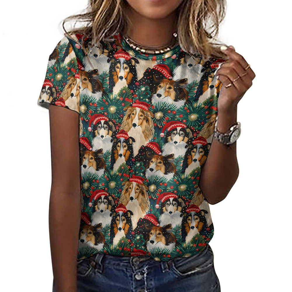 Festive Flock Shelties' Christmas Gathering Women's Cotton T-Shirt-Apparel-Apparel, Christmas, Dog Mom Gifts, Rough Collie, T Shirt-2XS-DarkGray10-1