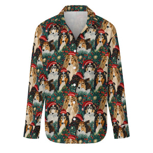 Festive Flock Shelties' Christmas Gathering Women's Shirt-Apparel-Apparel, Christmas, Dog Mom Gifts, Rough Collie, Shirt-S-White10-1