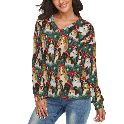 Festive Flock Shelties' Gathering Women's V-Neck Christmas Sweater-Apparel-Apparel,Christmas,Dog Mom Gifts,Rough Collie,Shetland Sheepdog,Sweater,Sweatshirt-1