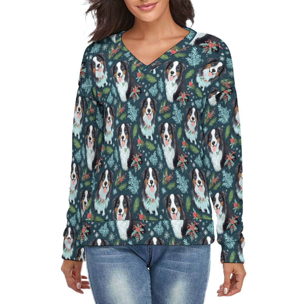 Festive Fluff Australian Shepherd Women's V-Neck Christmas Sweater-Apparel-Apparel,Australian Shepherd,Christmas,Dog Mom Gifts,Sweater,Sweatshirt-S-2