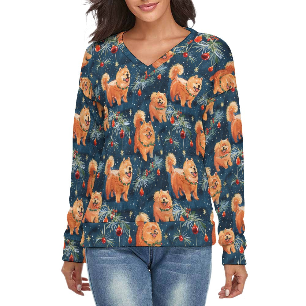 Festive Fluff Chow Chow Women's V-Neck Christmas Sweater-Apparel-Apparel,Chow Chow,Christmas,Dog Mom Gifts,Sweater,Sweatshirt-S-2