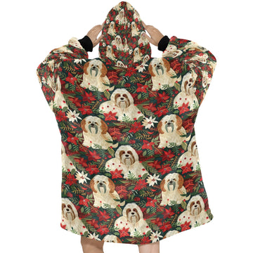 Festive Forest Lhasa Apsos Christmas Blanket Hoodie-Blanket-Apparel, Blanket Hoodie, Blankets, Christmas, Dog Mom Gifts, Lhasa Apso-ONE SIZE-2