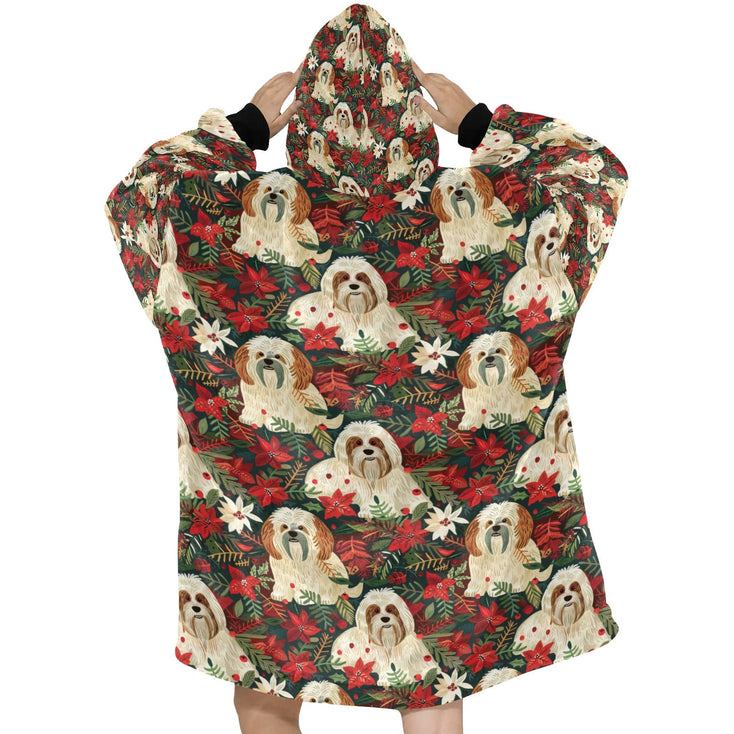 Festive Forest Lhasa Apsos Christmas Blanket Hoodie-Blanket-Apparel, Blanket Hoodie, Blankets, Christmas, Dog Mom Gifts, Lhasa Apso-ONE SIZE-2