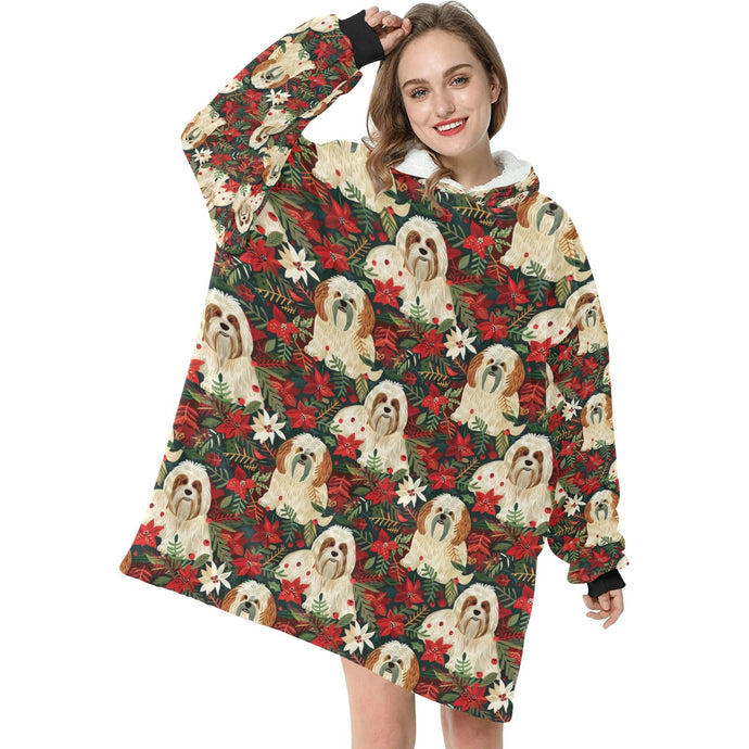 Festive Forest Lhasa Apsos Christmas Blanket Hoodie-Blanket-Apparel, Blanket Hoodie, Blankets, Christmas, Dog Mom Gifts, Lhasa Apso-ONE SIZE-1