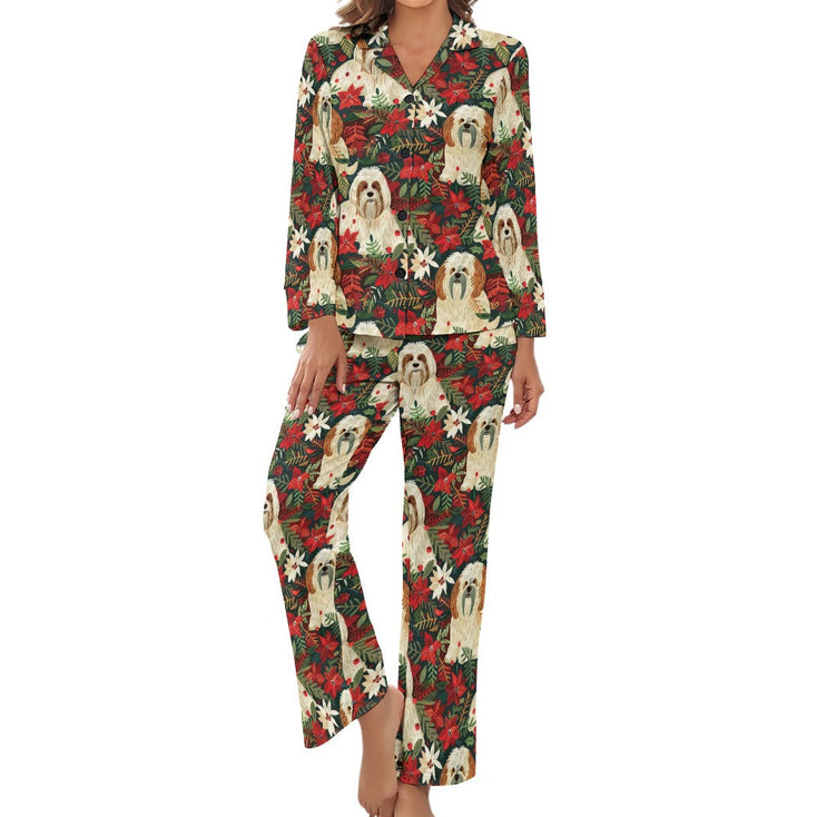 Festive Forest Lhasa Apsos Christmas Pajamas Set for Women-Pajamas-Apparel, Christmas, Dog Mom Gifts, Lhasa Apso, Pajamas-4