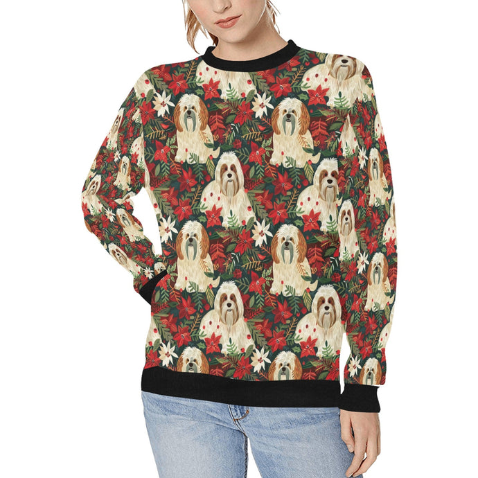 Festive Forest Lhasa Apsos Christmas Sweatshirt for Women-Apparel-Apparel, Christmas, Dog Mom Gifts, Lhasa Apso, Sweatshirt-S-1