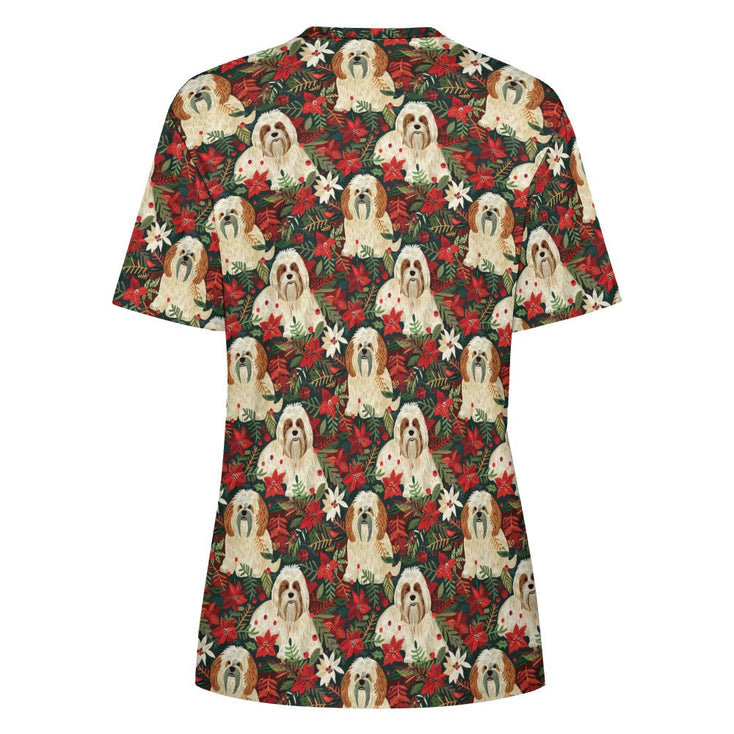 Festive Forest Lhasa Apsos Christmas Women's Cotton T-Shirt-Apparel-Apparel, Christmas, Dog Mom Gifts, Lhasa Apso, T Shirt-2