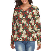 Load image into Gallery viewer, Festive Forest Lhasa Apsos Women's V-Neck Christmas Sweater-Apparel-Apparel,Christmas,Dog Mom Gifts,Lhasa Apso,Sweater,Sweatshirt-S-White5-1