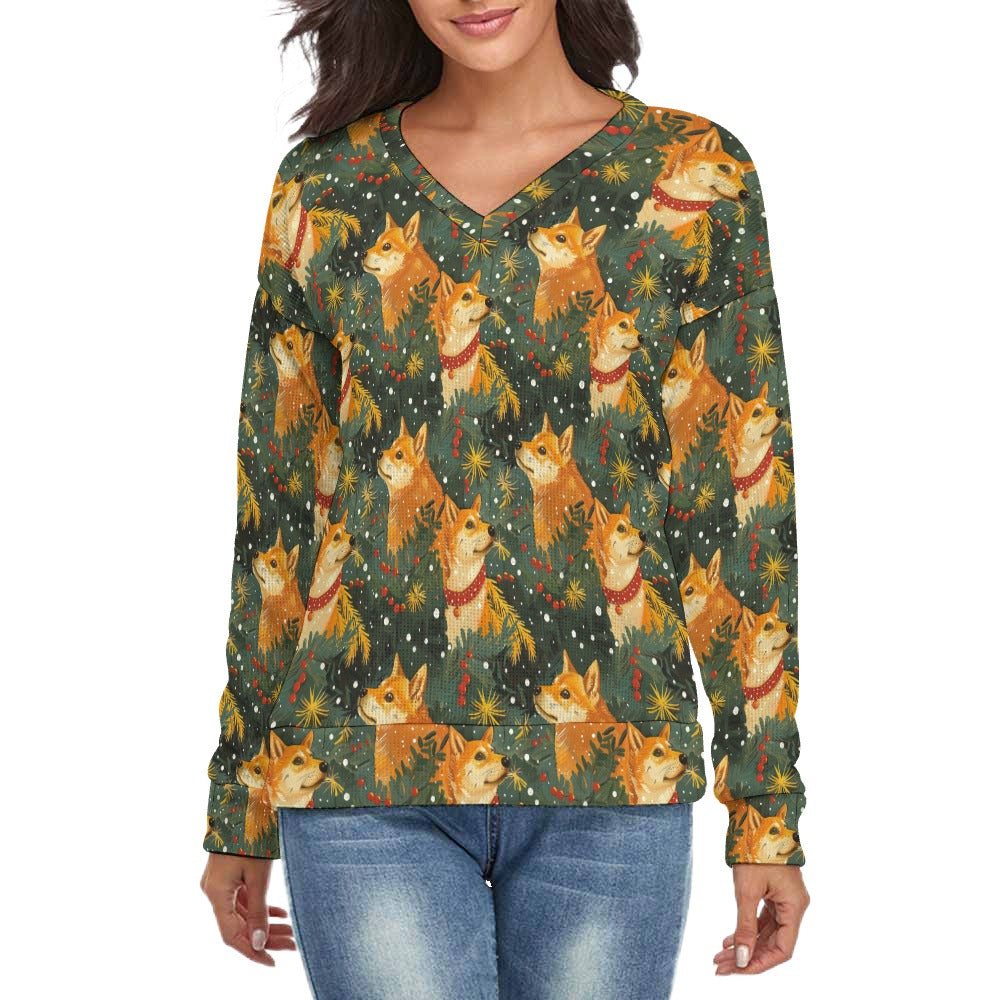 Festive Forest Shiba Inus Women's V-Neck Christmas Sweater-Apparel-Apparel,Christmas,Dog Mom Gifts,Shiba Inu,Sweater,Sweatshirt-S-2