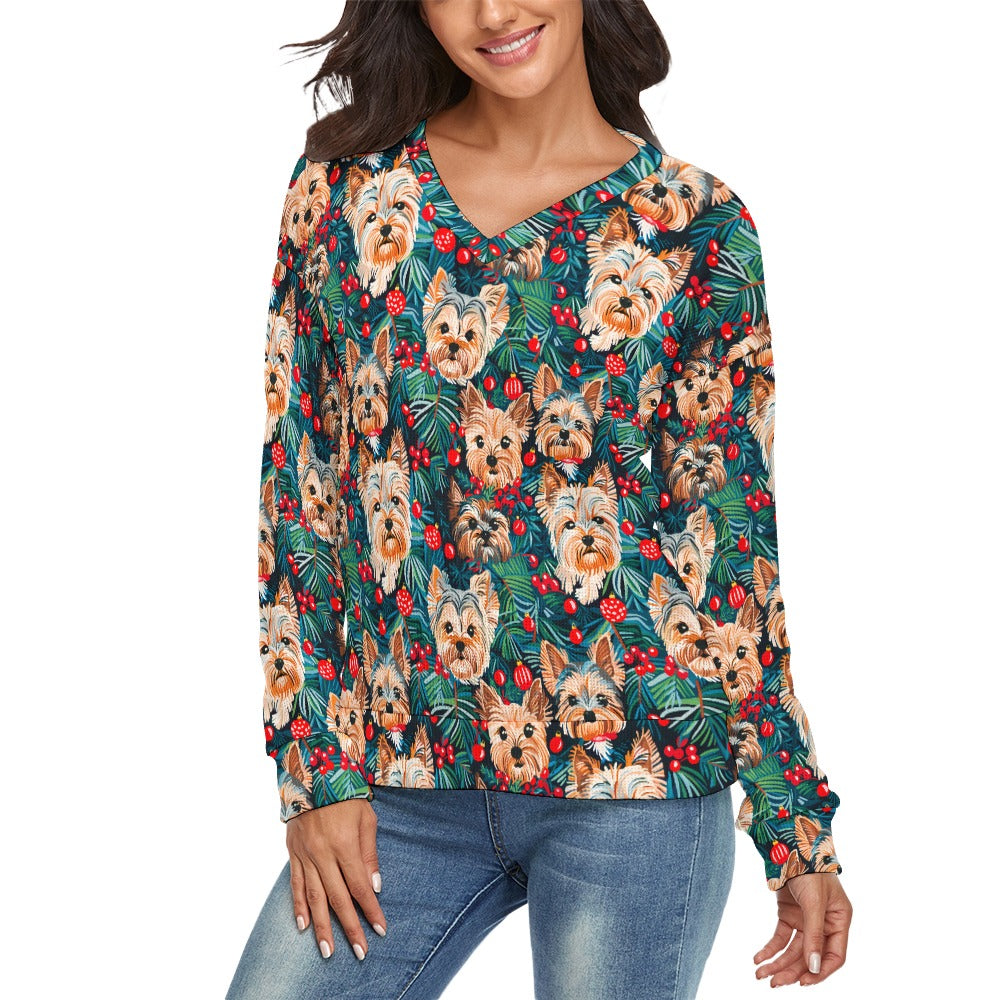 Festive Forest Yorkies Womens V Neck Christmas Sweater